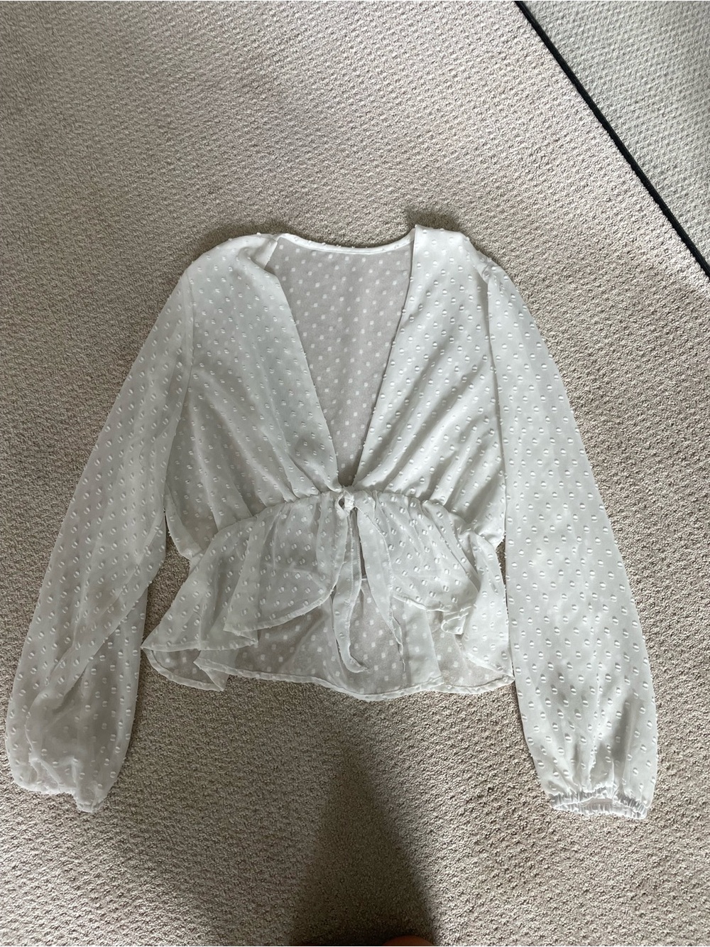 White Swiss Dot Tie-Front Peplum Blouse
